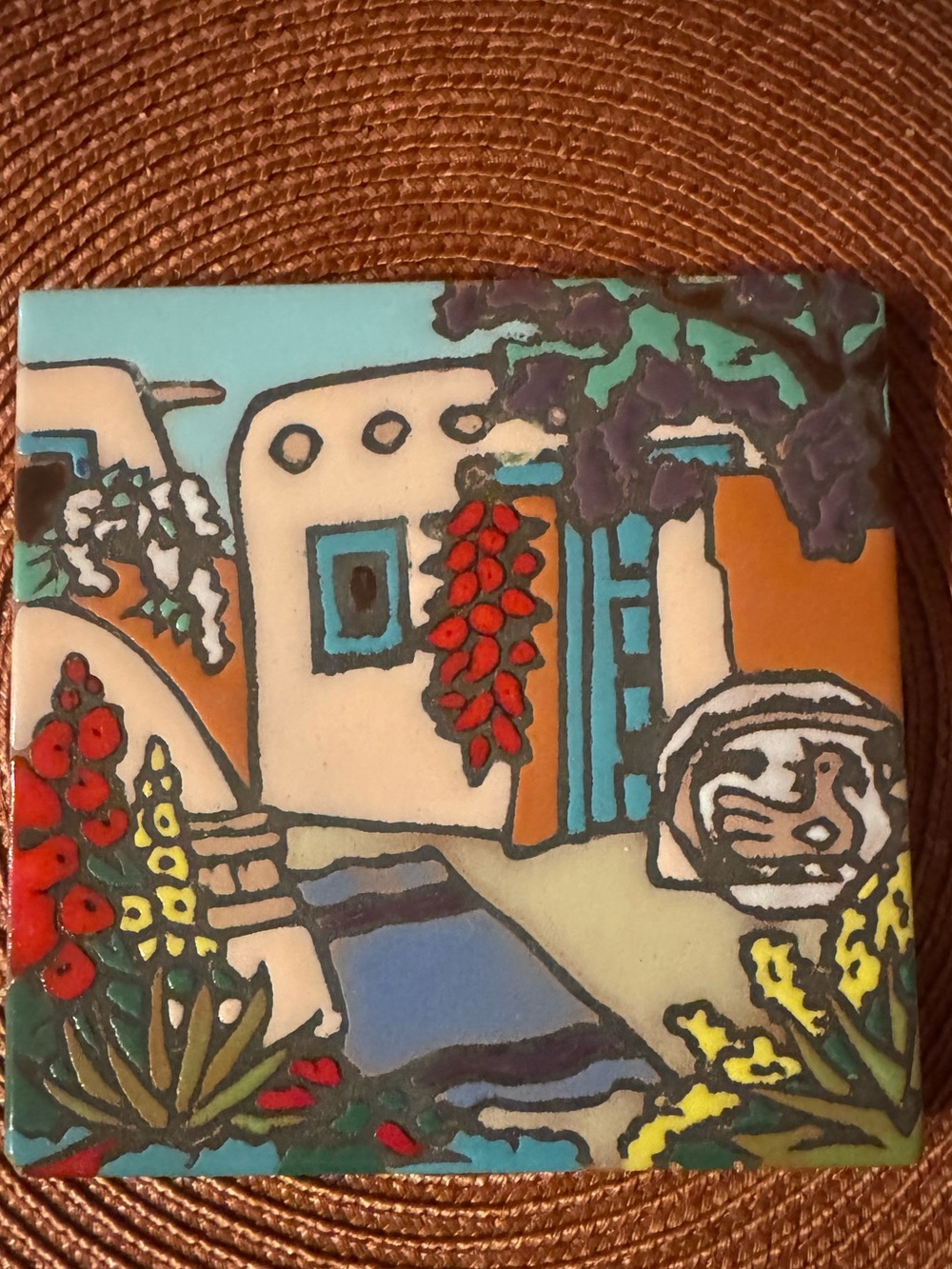Hand-Painted Southwestern Adobe Art Tile - Blue, Red & Cream